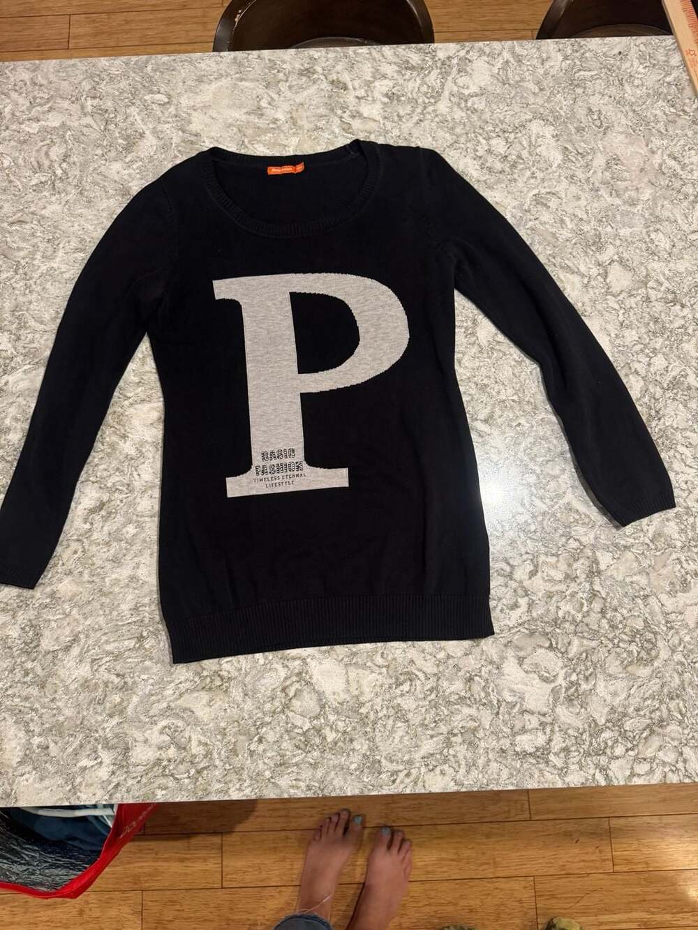 Metersbonwe Black Long Sleeve Knit Sweater with Letter P and Basic Fashion Print